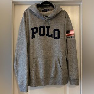 Pre-owned Polo Ralph Lauren Spellout USA Flag Gray Pullover Hoodie Large
